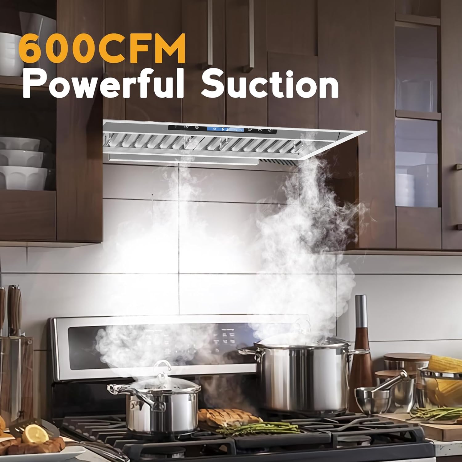 30 Inch Built-in/Insert Range Hood 600 CFM, Ducted Stainless Steel Kitchen Vent Hood with 4 Speed Gesture Sensing & Touch Remote Control, 2 LED Lights