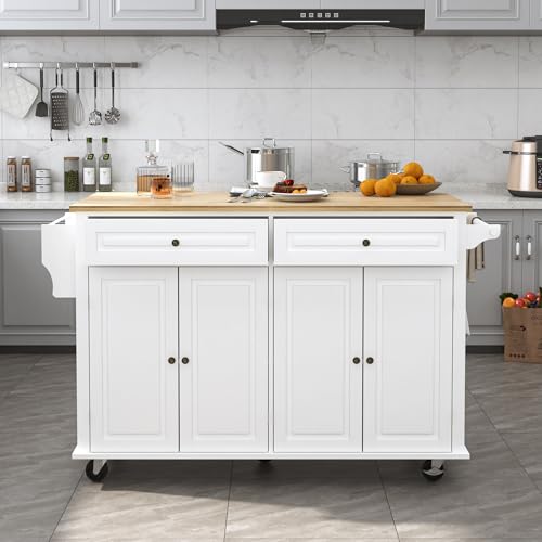 Kitchen Cart with Wood Top and Drop Leaf Breakfast Bar, Rolling Mobile Kitchen Island Table on Wheels with Drawer and Storage Cabinet, Spice Rack