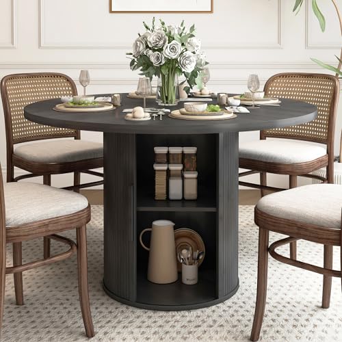47 inch Round Dining Table for 4, Kitchen Table Dinner Table with 2-Layer Storage Shelf and Wood Slide Door for Home Dining Room Living Room (Walnut)