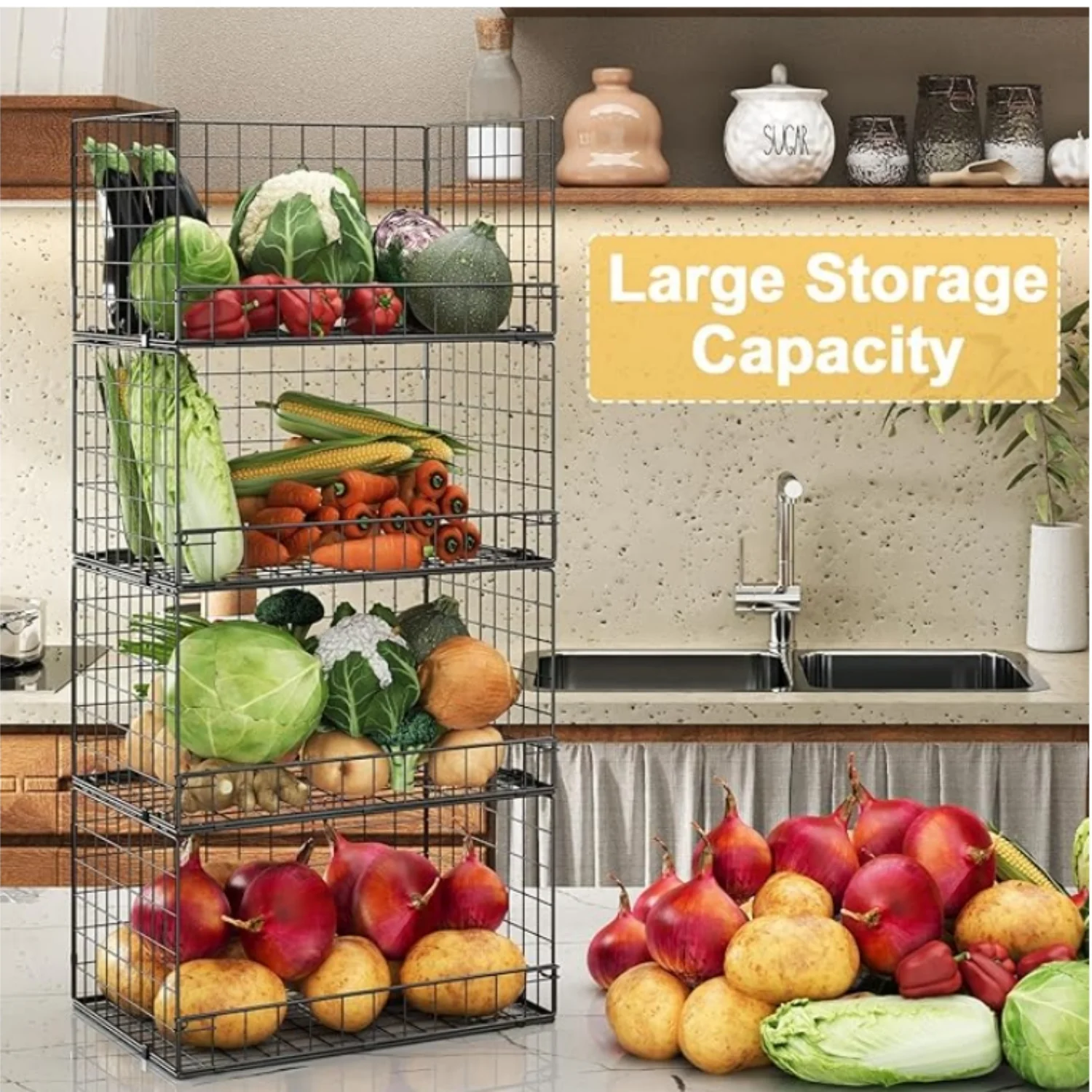 4 Pack Stackable Wire Baskets for Pantry Organizers and Storage, Large Pantry Baskets for Snack Organizer