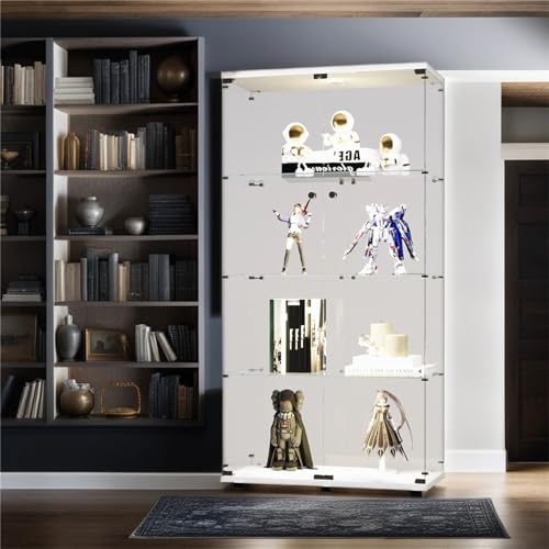 Glass Display Cabinet with Lock and Lights, Lighted Curio Cabinet with 2 Doors and 4 Shelves