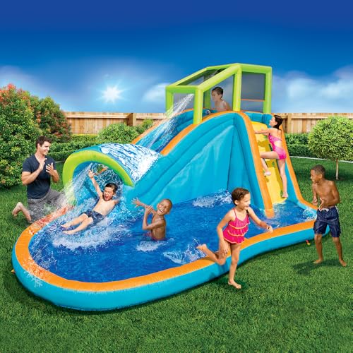 Inflatable Water Slide - Huge Kids Pool (14 Feet Long by 8 Feet High) with Built in Sprinkler Wave and Water Wall