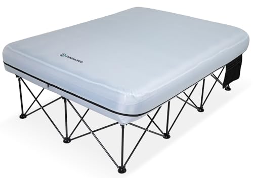 FUNDANGO Queen Camping Cot, 2 Person Folding Airbed Mattress, Double Camp Bed with 2 Cup Holders, Removeable Cover for Adults Outdoor Travel
