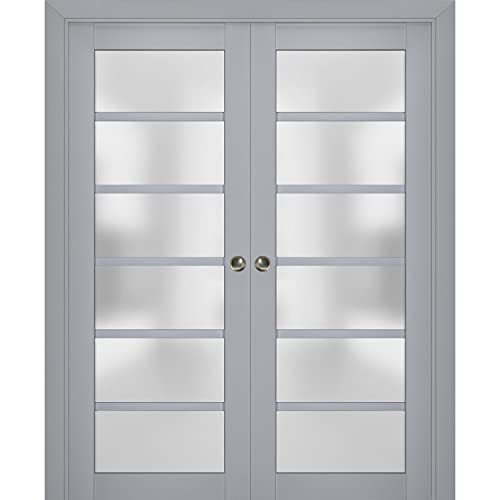 SARTODOORS Sliding French Double Pocket Doors 48 x 80 inches | Veregio 7602 Matte Grey with Frosted Glass | Kit Trims Rail Hardware | Solid Wood