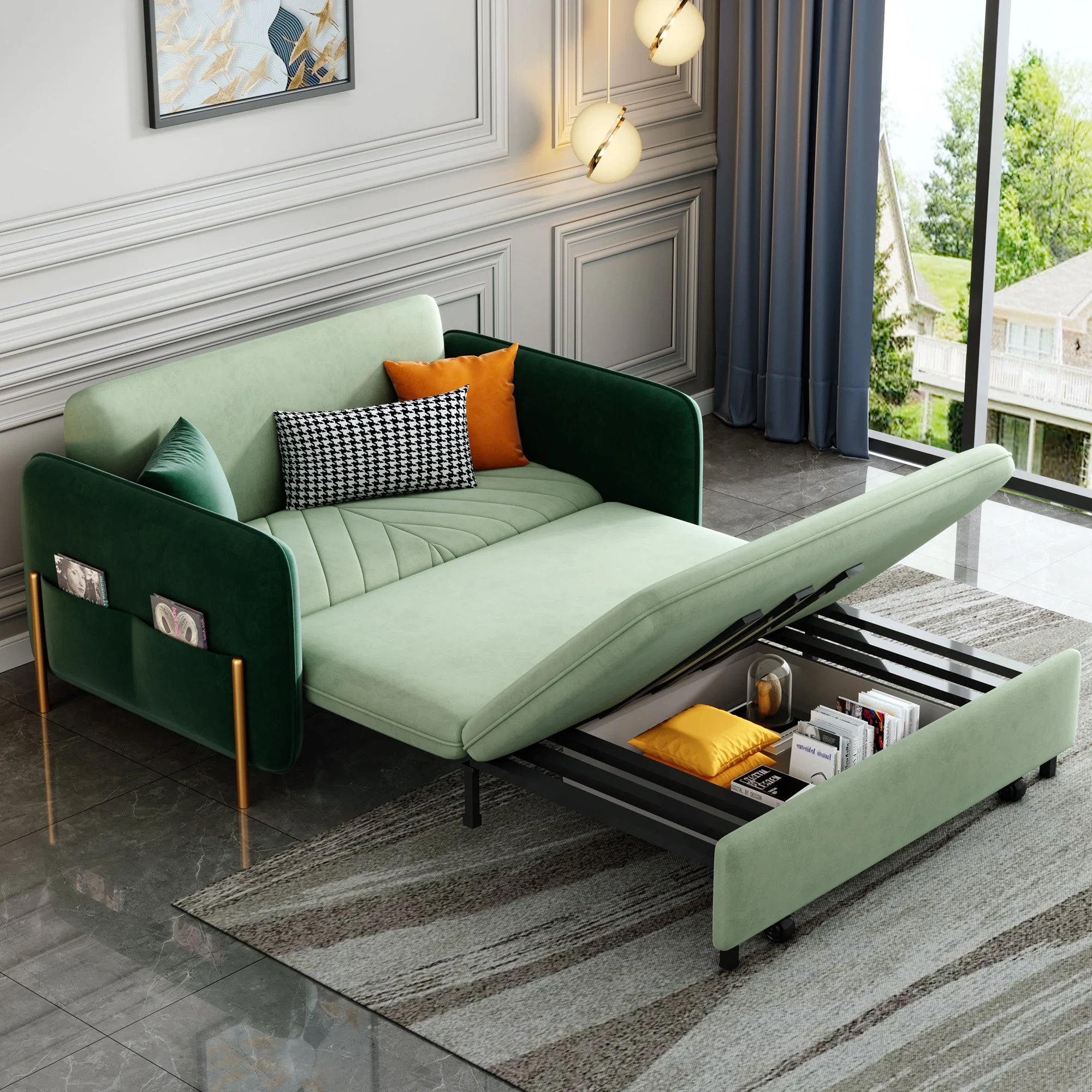 53.5" Full Sleeper Sofa Green Upholstered Convertible Sofa Bed 3 in 1 Sleeper Sofa Couch Bed