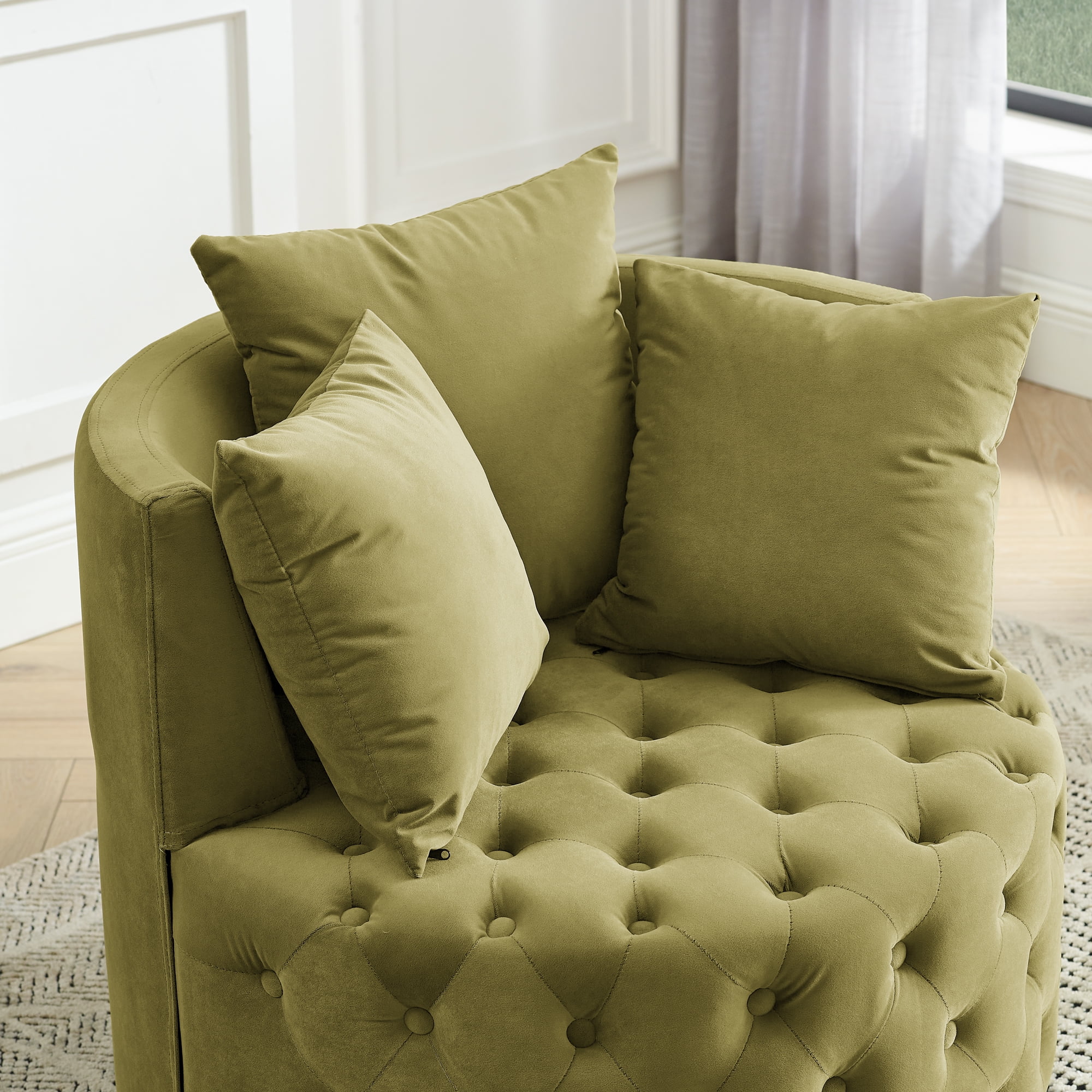 Buumin Velvet Upholstered Swivel Chair for Living Room, Corner Chair, Button Tufted Design, Movable Wheels, 3 Pillows,Khaki Green