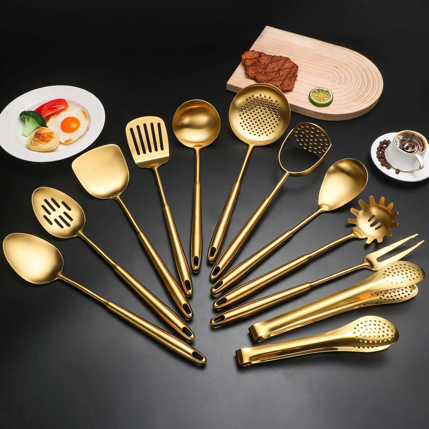 304 Stainless Steel Cooking Utensils,6 Pcs Kitchen Cooking Utensils Set with Spatula, Solid Spoon, Ladle, Skimmer, Spaghetti Spoon