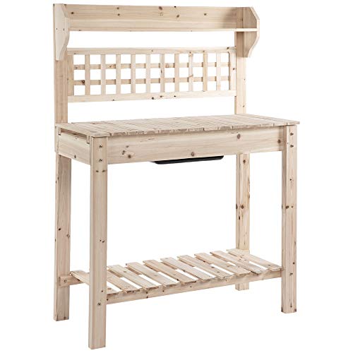 Outsunny Outdoor Potting Bench Table, Wooden Workstation with Sliding Tabletop, Storage Shelf and Dry Sink, for Greenhouse, Garden, Patio, Brown