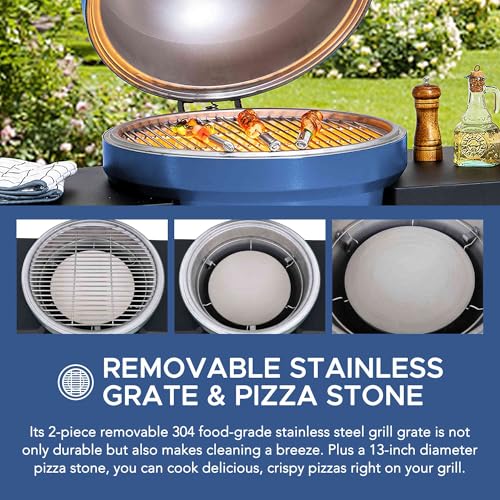 Sunjoy Charcoal Grill 20-Inch Kamado Grill with Pizza Stone, Ultimate Outdoor BBQ Egg Grill and Smoker with Wheels, Navy