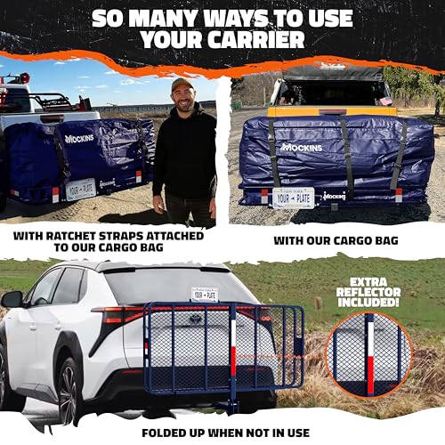 Mockins 60"x30"x6" Navy Folding Cargo Hitch Carrier & 30 CuFt Trailer Hitch Cargo Carrier Bag | 500Lbs Cap Folding Luggage Rack with Waterproof