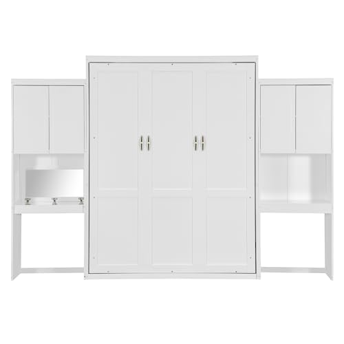 SOFTSEA Queen Size Murphy Bed with Desk and Storage, Wood Queen Wall Bed Frame with Vanity & Shelves, Space-Saving for Guest Room, Bedroom or Office