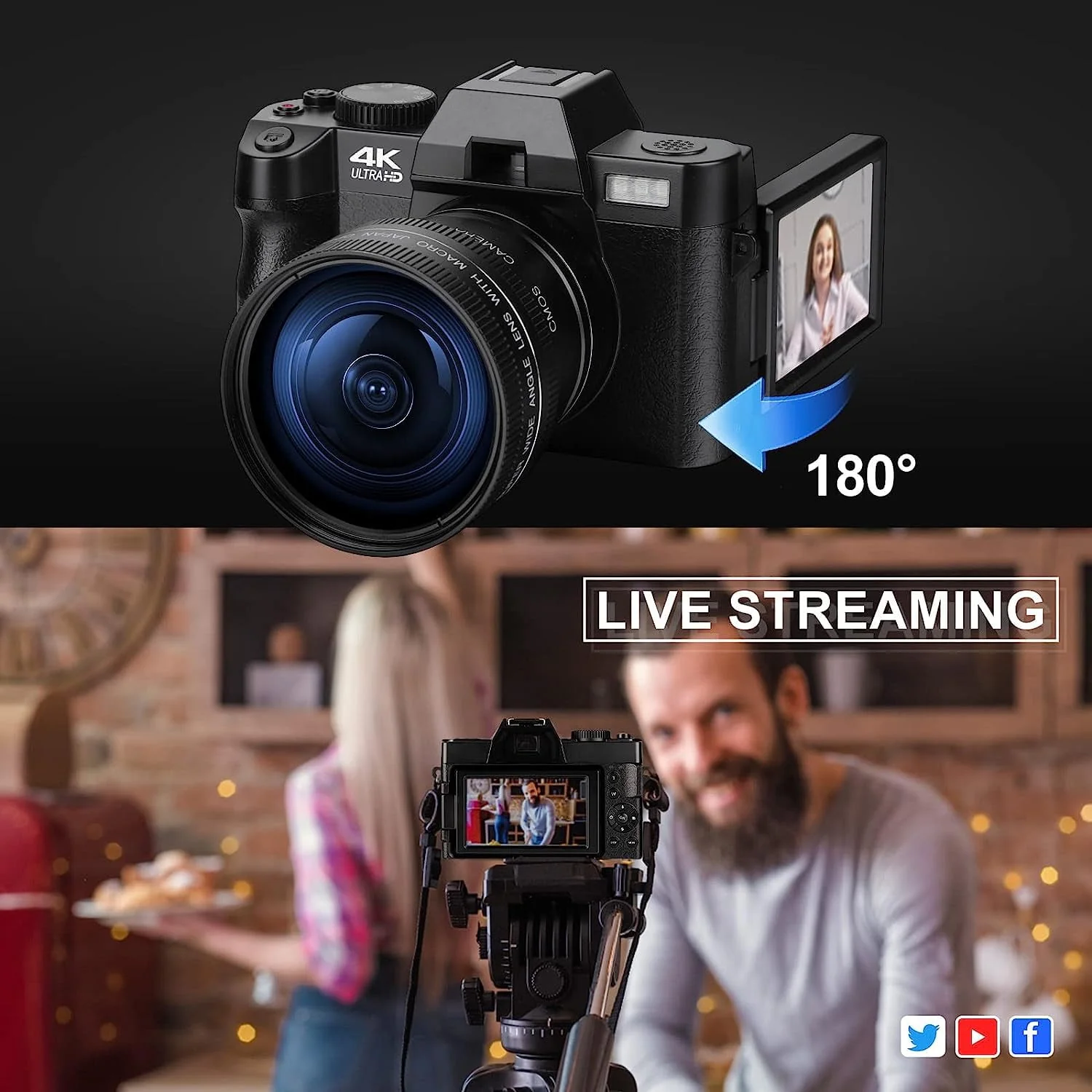 NBD Digital Camera 4K Ultra HD 48MP All-in-One Vlogging Camera with Wide Angle Lens, Digital Zoom 16x and 3 Screen