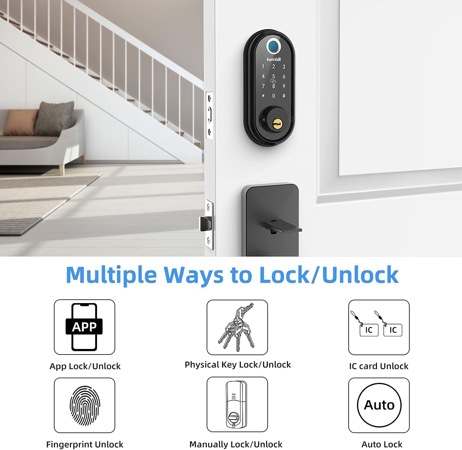 Smart Lock, hornbill 7-in-1 Fingerprint Door Lock, Keyless Entry Door Lock Smart Deadbolt with Touchscreen Keypad