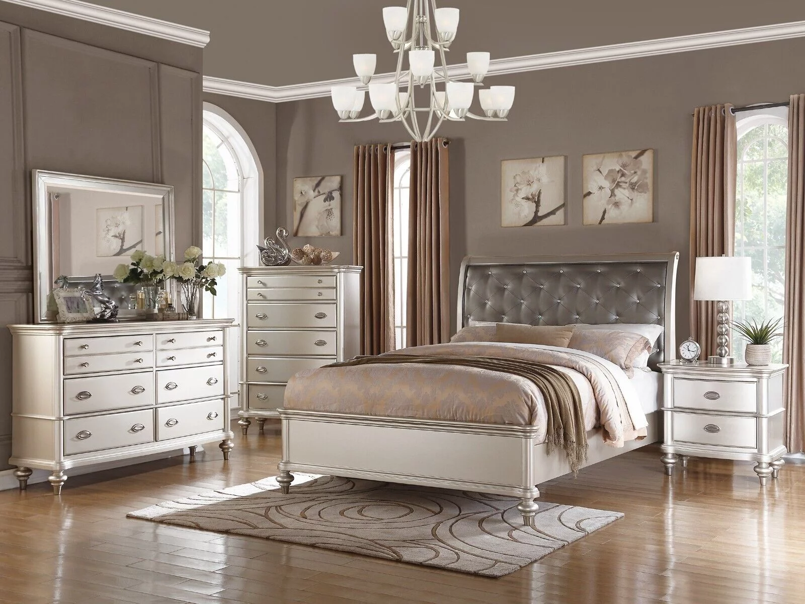 Traditional Look Queen Size Bed 4pc Set Faux Leather Tufted Headboard Dresser Mirror Nightstand Silver Finish Bedroom Furniture