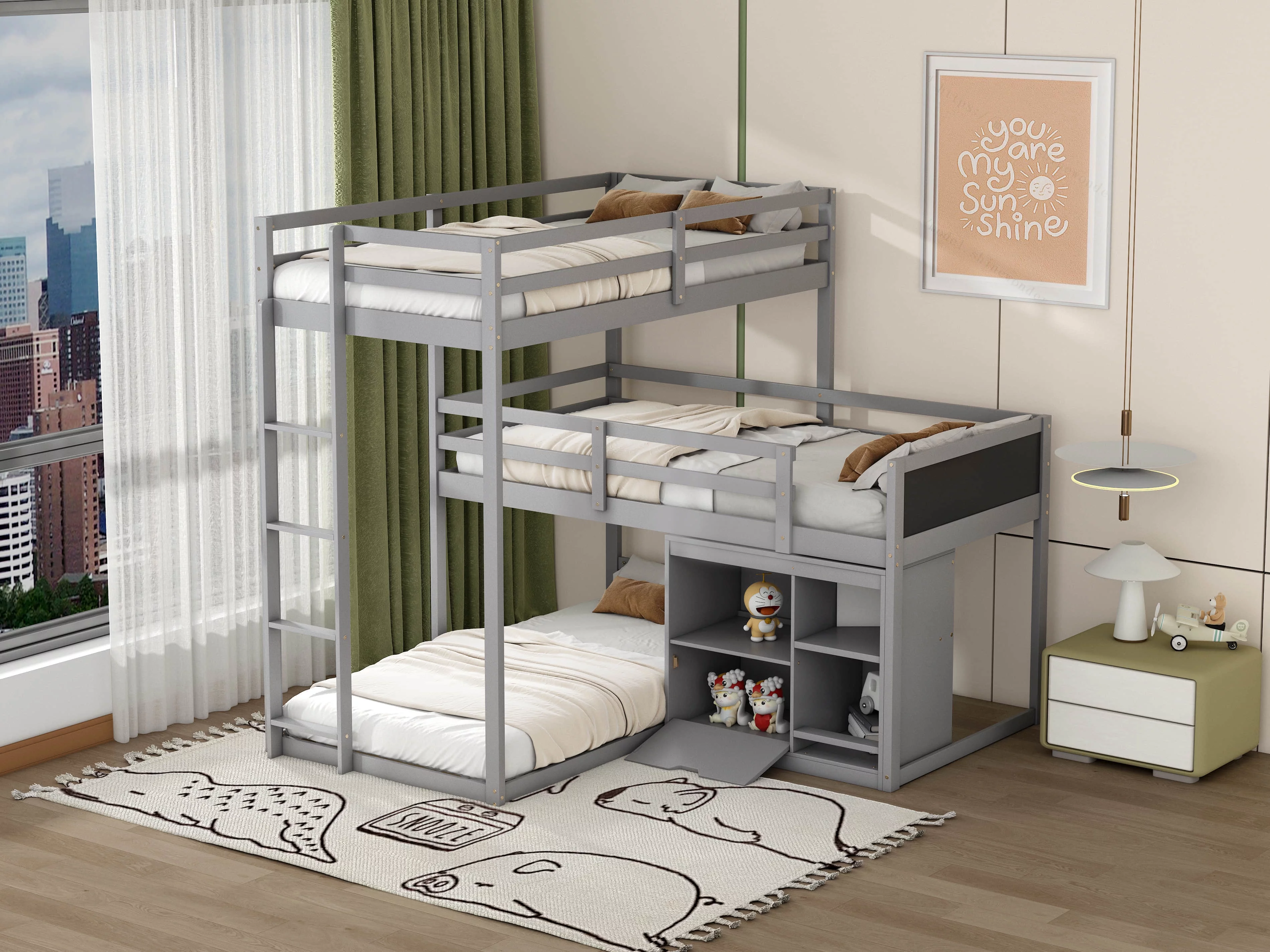 L-shaped Wood Triple Twin Size Bunk Bed with Storage Cabinet and Blackboard, Ladder - Curated Treasures Market