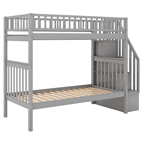 Twin-Over-Twin Bunk Bed with Trundle and Storage Staircase, Solid Wood 3 in 1 Twin Size Stairway Bunk Bed with Trundle, White