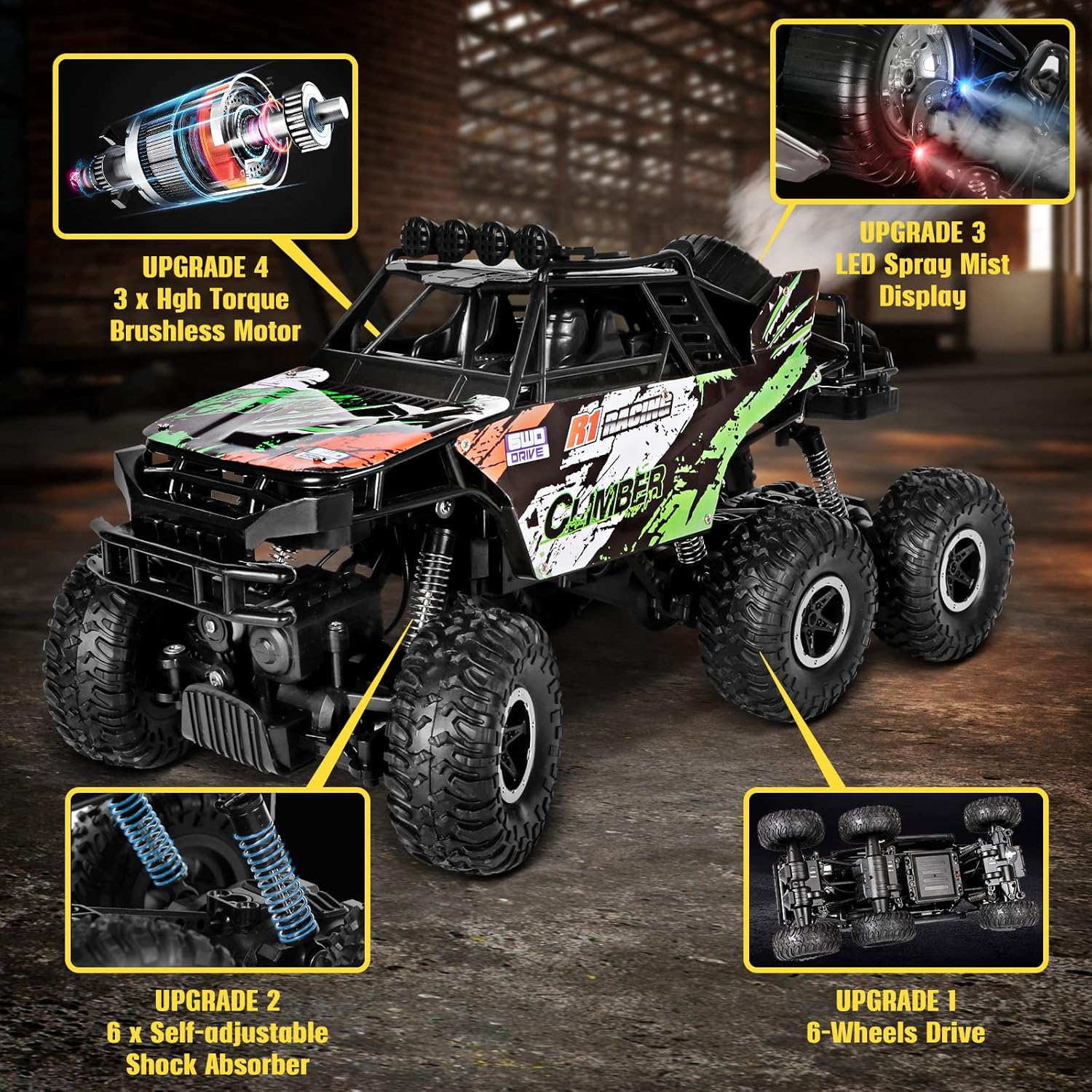 1/10 Scale Large RC Truck 2.4Ghz Remote Control Car with Color LED Mist Spray-6x6 Off-Road Remote Control Monster Truck for 40+ Min Play-All Terrains