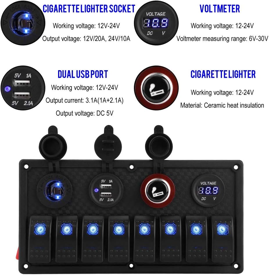 Qiilu 8 Gang Boat 12V Aluminium Rocker Switch Panel - Blue LED Lighted Control Switches