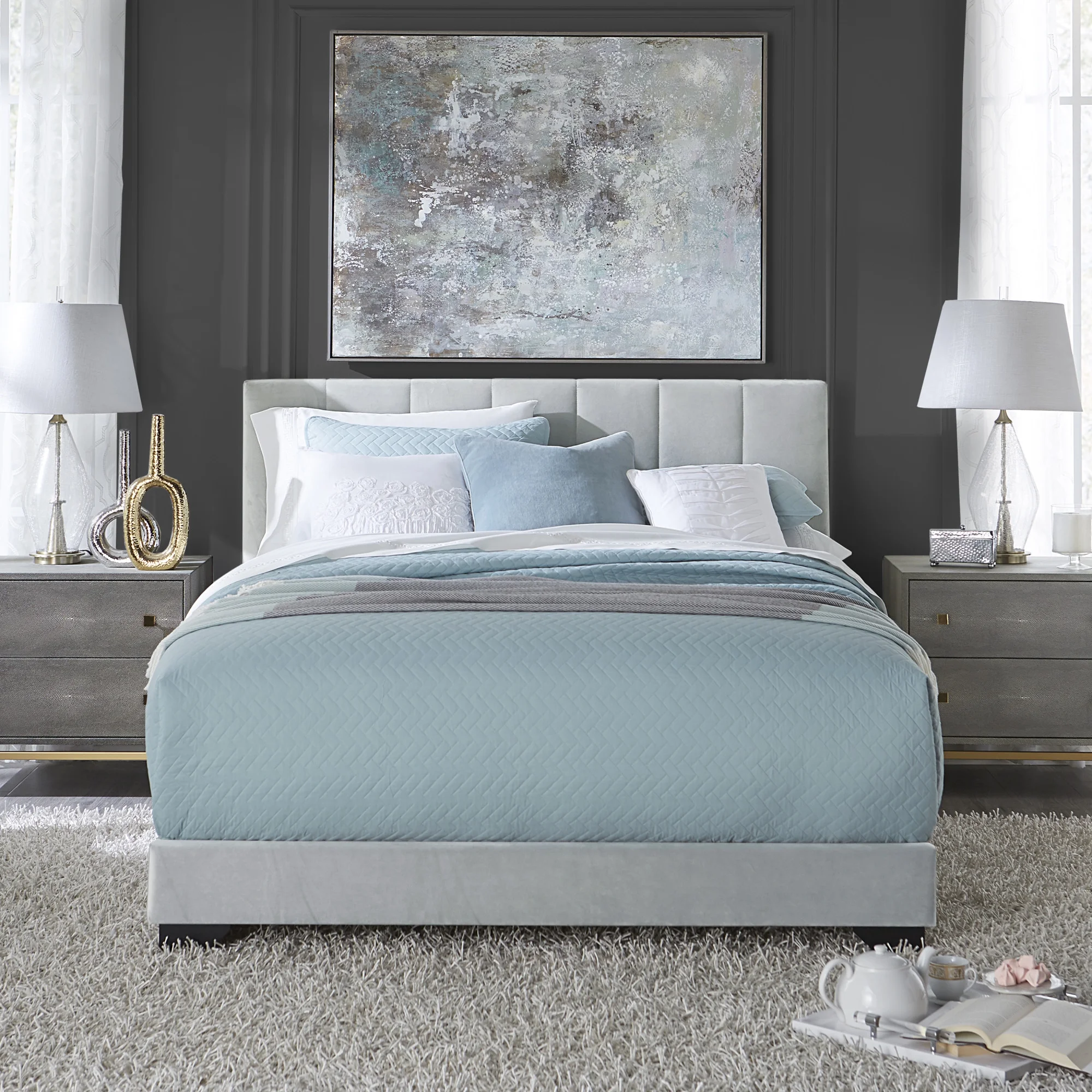 Reece Channel Stitched Upholstered Queen Bed, Platinum Gray, by Hillsdale Living Essentials