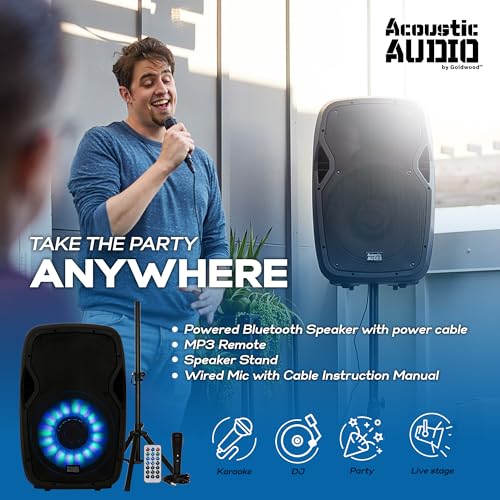 Acoustic Audio by Goldwood 1000W Bluetooth Speaker Set w/ 15" Woofer - Portable PA Sound System w/ Microphone, Adjustable Stand & Remote for Karaoke