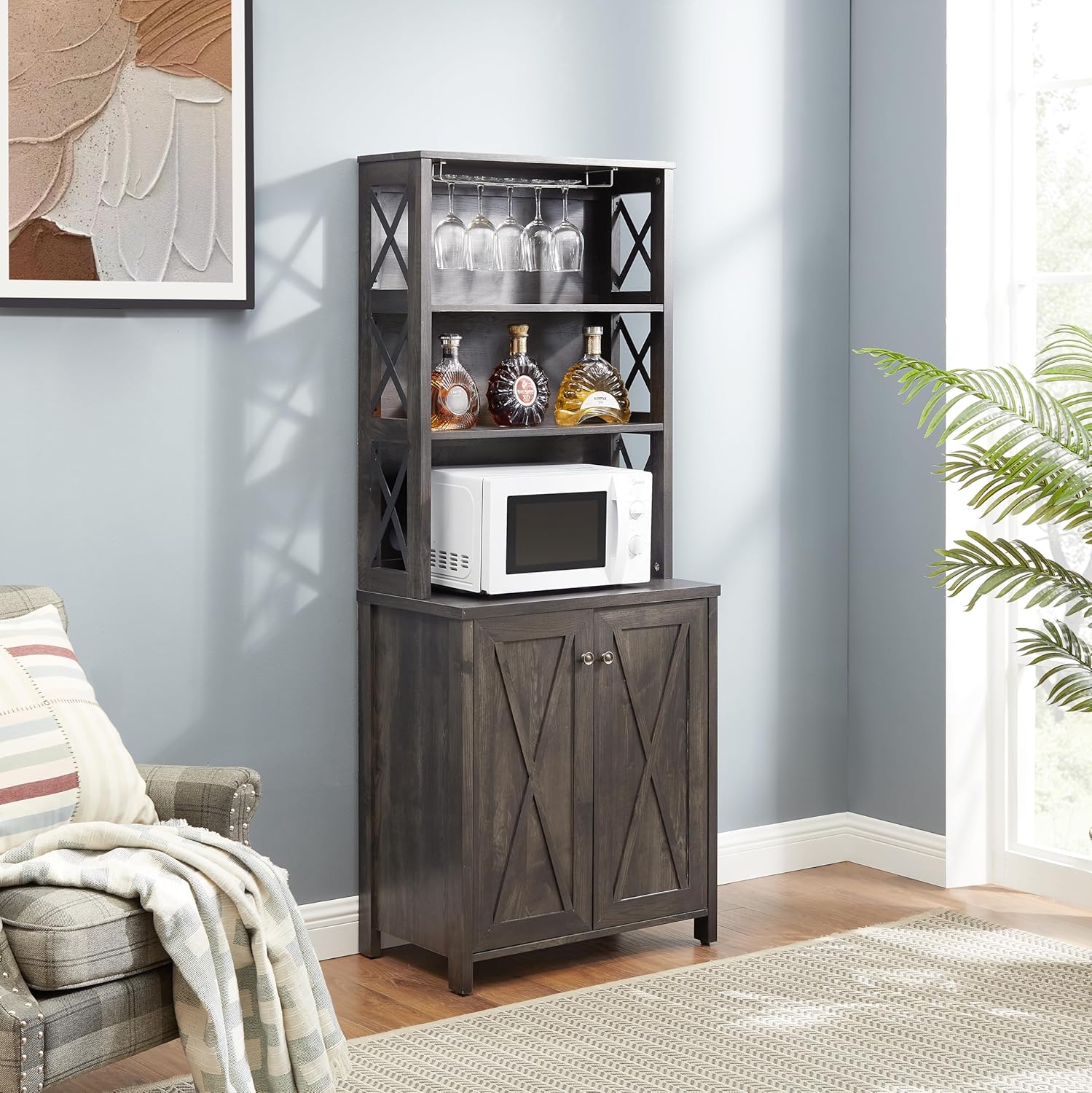 CHARMMA Coffee Bar Cabinet Kitchen Cabinet with Microwave Stand Metal Frame Side Home Source Bar Cabinet Cabinet and Hollow out Barn Design Wood