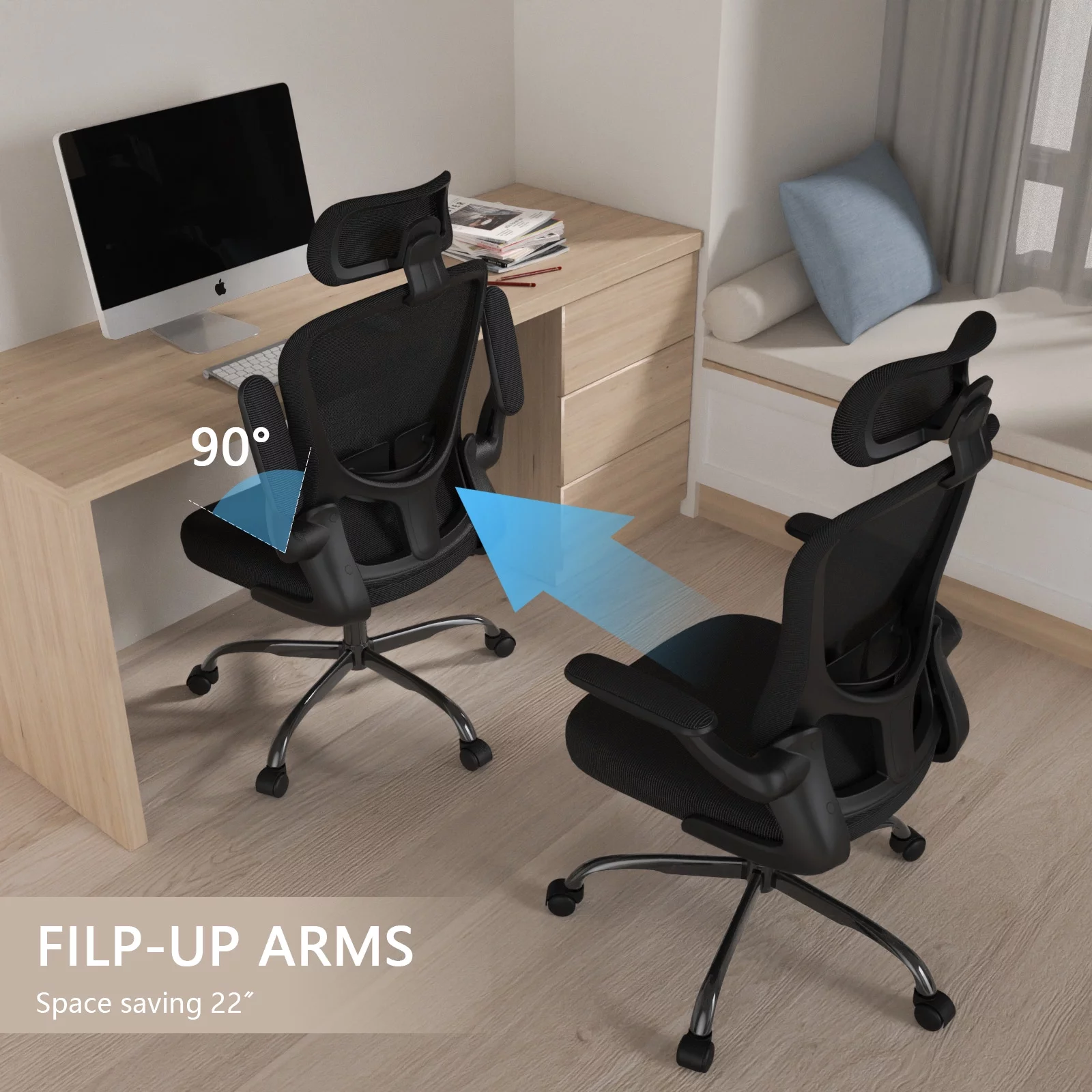 Lioncin Office Chair, High Back Ergonomic Desk Chair, Swivel Task Chair with Flip-up Armrests, Executive Chair for Home Office,Black