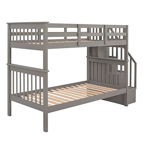 Ball & Cast Full Over Full Bunk Bed with Twin Size Trundle and Built in 4 Drawer,Wood Bunkbed w/Storage Ladder & Slat Support