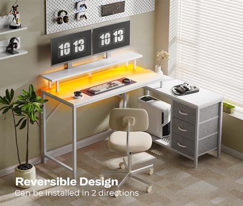 Huuger Reversible L Shaped Computer Desk with Drawers, Gaming Desk with LED Lights and Power Outlets, Office Desk with Storage Shelves