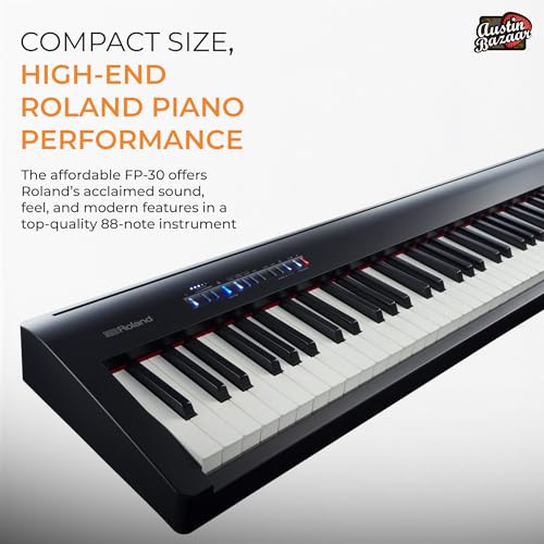 Roland FP-30X 88-Key Digital Piano - Black Bundle with Adjustable Stand, Bench, Sustain Pedal, Online Piano Lessons, Instructional DVD