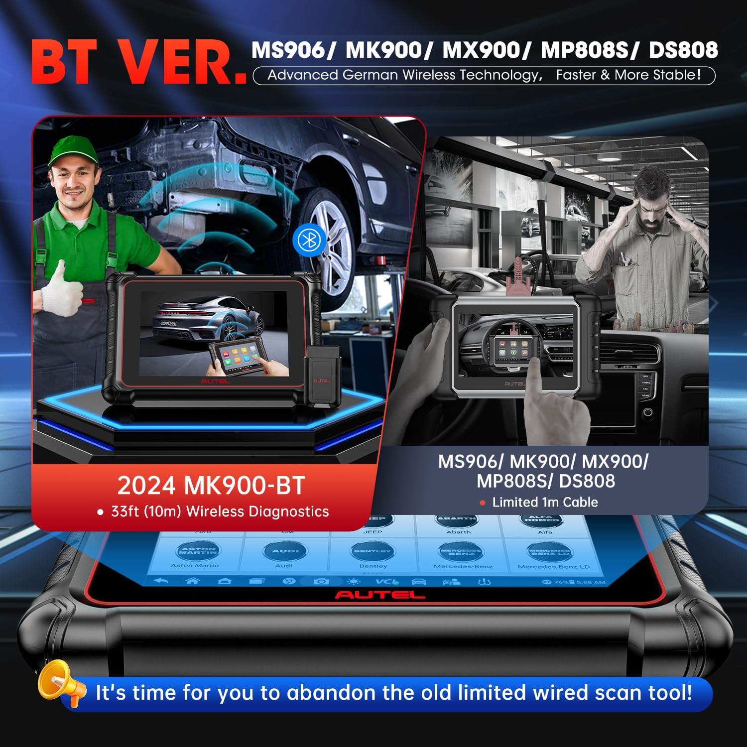 Autel Scanner MaxiCOM MK900-BT MK900BT: 2024 BT Ver. of MK900 MX900, 8in Up of MK808S MK808BT PRO MX808S MK808Z MS906