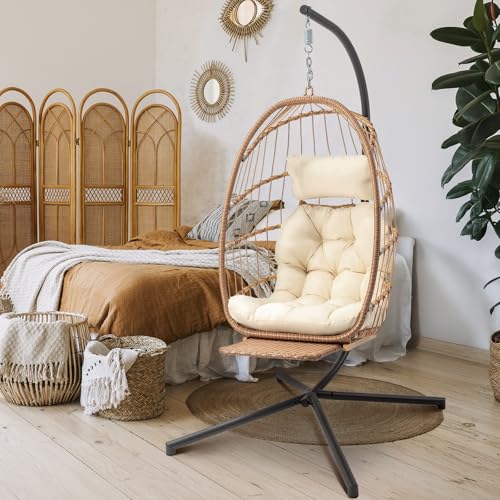 Brafab Hanging Egg Chair with Stand and Footrest, Wicker Egg Swing Chair Indoor Outdoor Aluminum-Steel Frame and UV Resistant Cushion