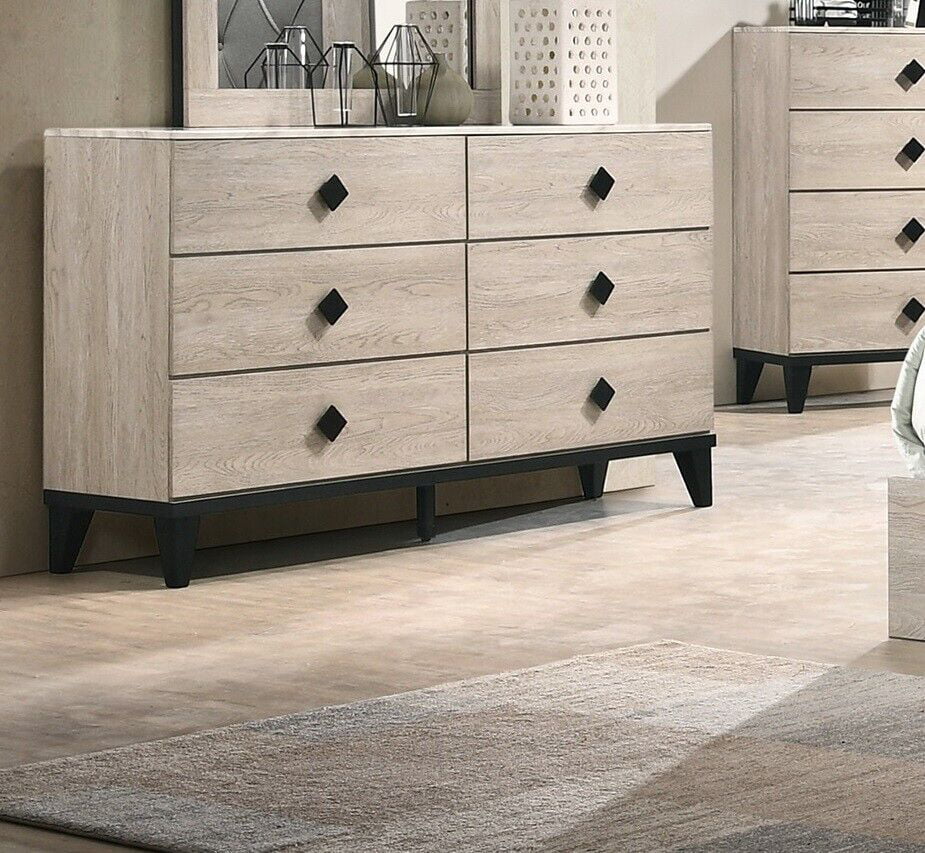 Transitional Cream Color Dresser Mirror 2x Nightstands Chest 5pc Bedroom Set Unique Handle pulls Rubberwood Veneer Furniture