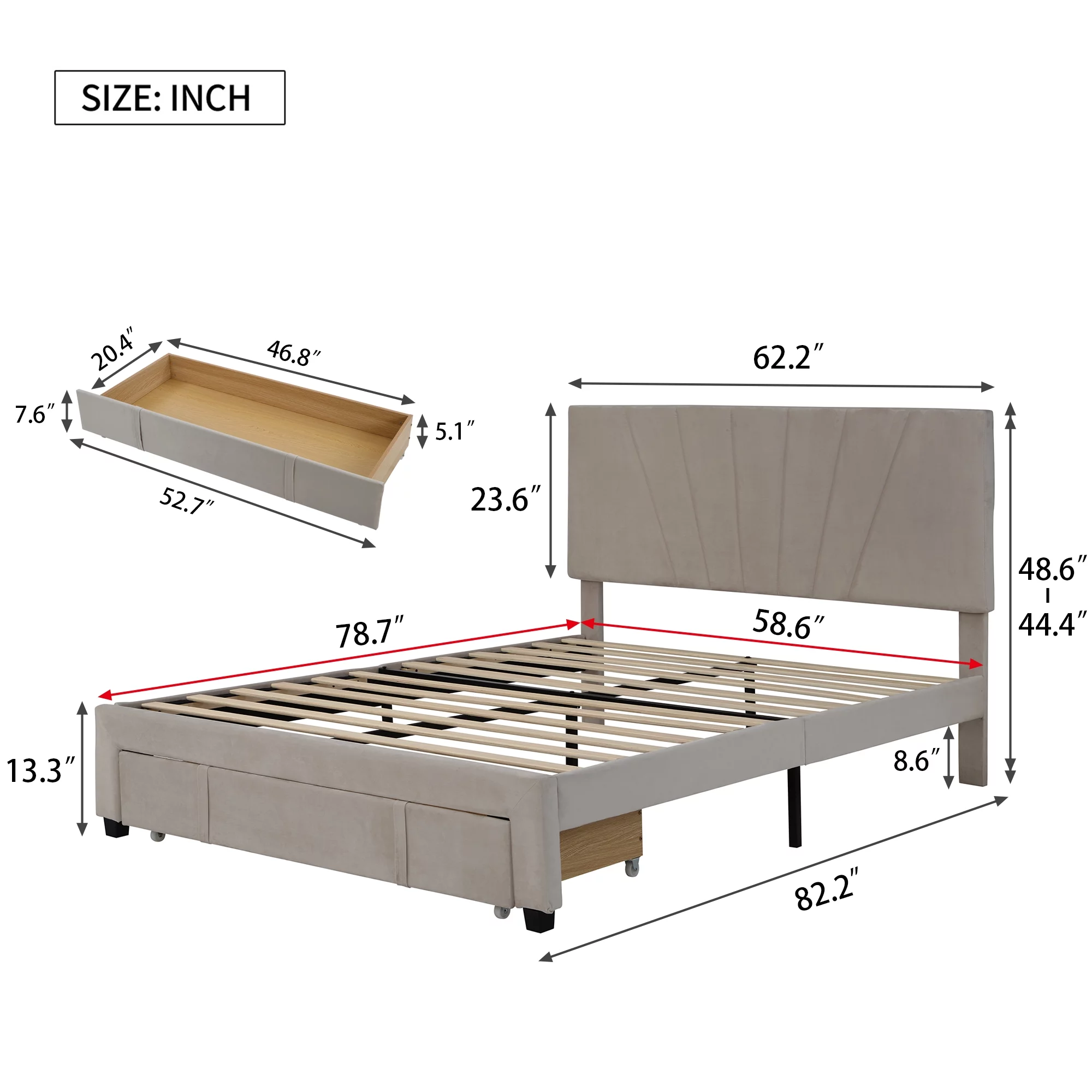 Queen Size Velvet Upholstered Platform Bed