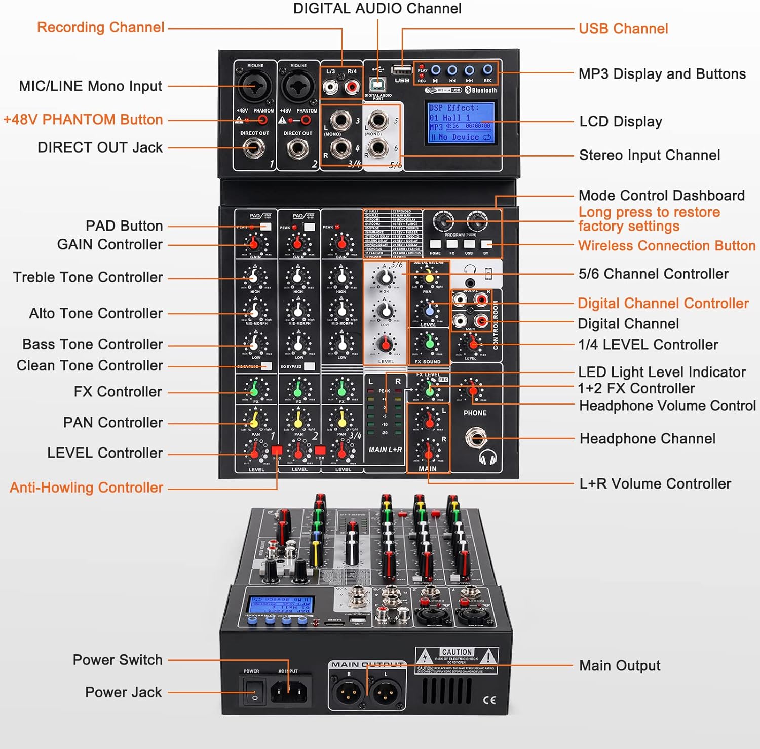 Audio Mixer Sound Board Console 6 Channel Sound Mixer Support Digital USB MP3 Computer Wireless Input with 48V Phantom Power for Professional and