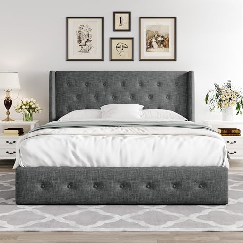 Allewie Full Size Lift Up Storage Bed, Modern Wingback Headboard, Hydraulic Support, No Box Spring Needed, Light Beige