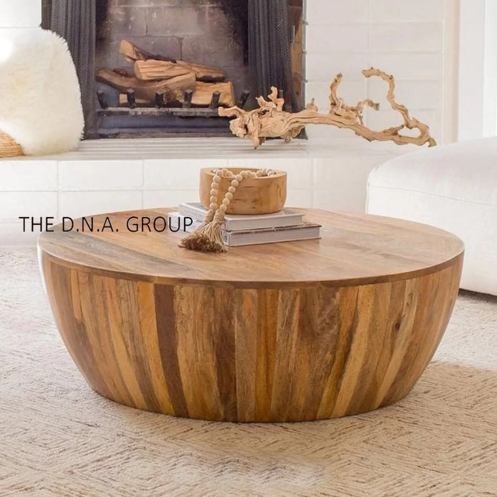 Wood Coffee Table/Drum Coffee Table/Round Handmade Coffee Table/Handcrafted Indian Minimalist Furniture/Solid Wood Center Table Living Room