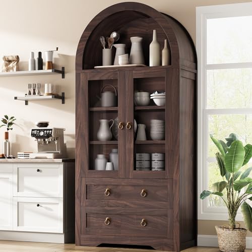 Kitchen Pantry Cabinet, Arched Bookshelf Bookcase China Pantry Storage Cabinet with Drawers Doors and Shelves