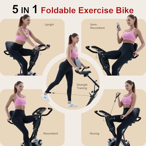 BARWING Stationary Exercise Bike for Home Workout, 5 IN 1 Foldable Indoor Cycling Bike for Seniors, 350LB Capacity, 16-Level Magnetic Resistance