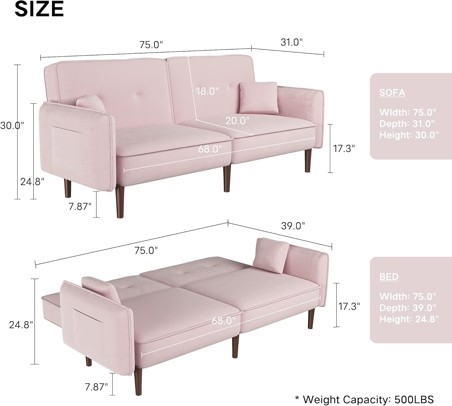 WILLIAMSPACE Futon Sofa Bed, Velvet Convertible Sleeper Sofa with Magazine Bag, Small Splitback Sofa with Tapered Solid Wood Leg