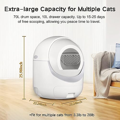 Self Cleaning Cat Litter Box, Automatic Cat Litter Box with APP Control Odor Removal Safety Protection for Multiple Cats, with Garbage Bags