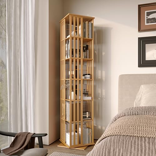 Rotating Bookshelf Tower, 360 Display Spinning Bookcase, Bamboo Bookshelf Floor Standing Storage Rack