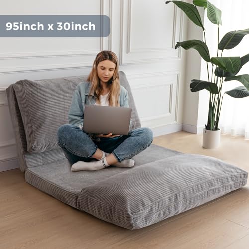 MAXYOYO Bean Bag Bed Folding Sofa Bed Floor Mattress for Adults, Extra Thick and Long Floor Sofa with Corded Washable Cover, Dark Grey, 30x95 Inch