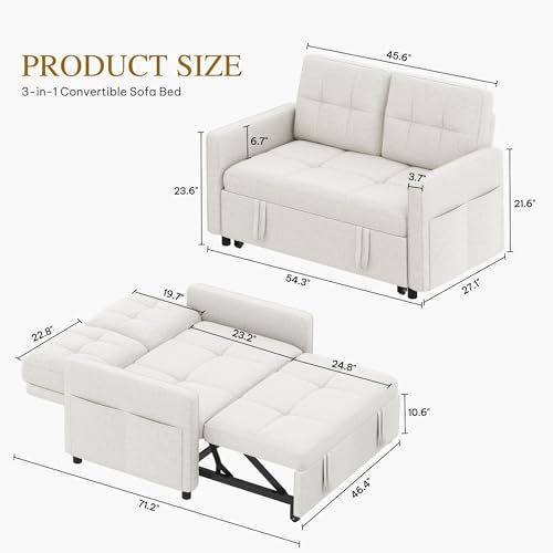 DWVO 55" Convertible Sofa Bed, 3-in-1 Sleeper Sofa with Pull-Out Bed, Linen Futon Couch with Adjustable Backrest and Side Pocket