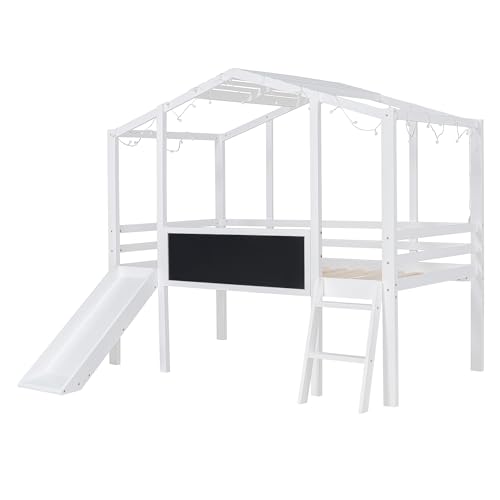 Harper & Bright Designs Kids Twin Low Loft Bed with Slide and Storage Shelves, Wood Playhouse Loft Bed Frame with a Tent & Stairs