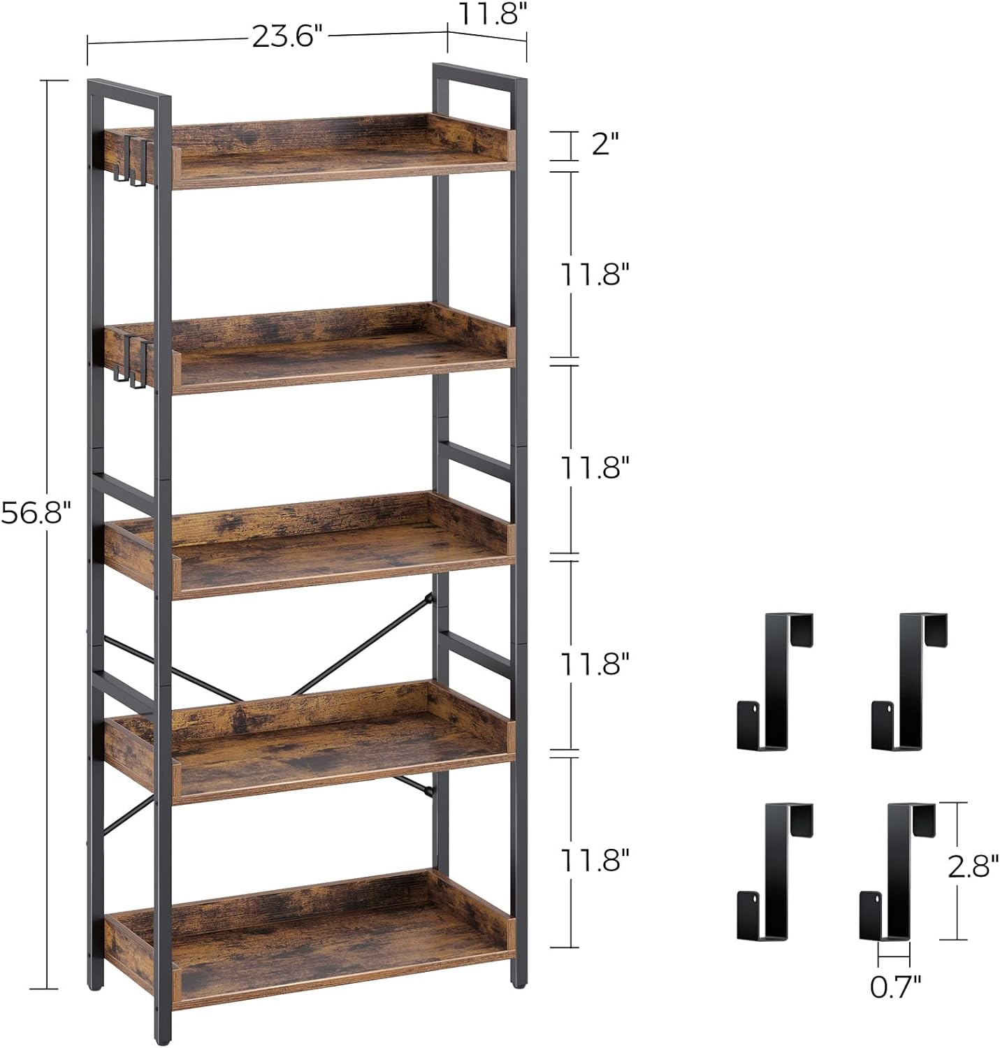 Rolanstar 5 Tier Bookshelf, Industrial Wood Bookcase with 4 Hooks, Vintage Storage Rack with Open Shelves