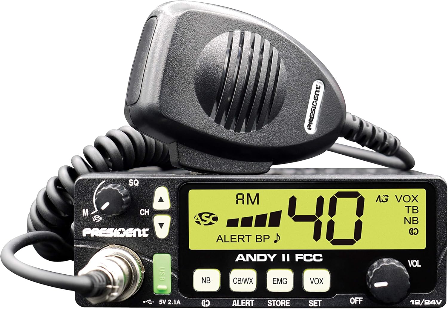 New President Andy II 12/24V FCC CB Radio with Weather Channel/Alert, Scan, USB Port, VOX and Much More!