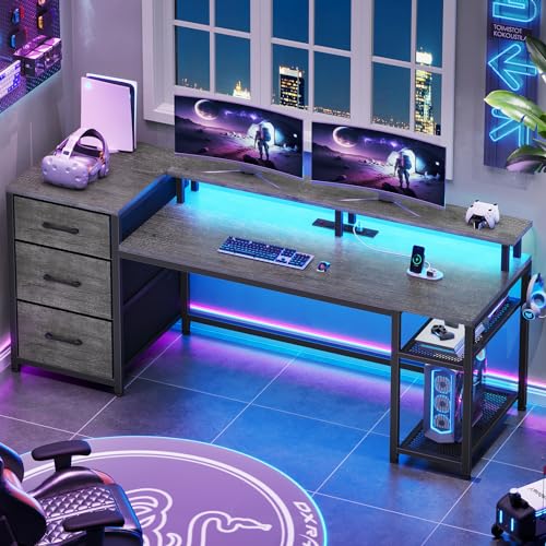 SEDETA 59" Office Desk with Drawers, Reversible Computer Desk with File Drawers & Storage, Gaming Desk with LED Lights & Power Outlet