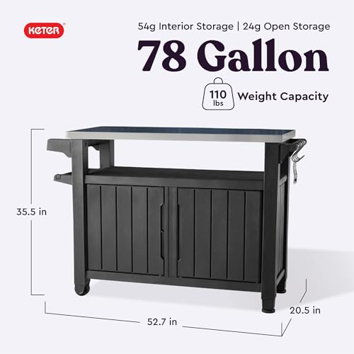 Keter Outdoor Rolling Table Cart for Food Prep, Storage, Bar & Grill, Dark Brown - Portable Kitchen Island Tabletop with Wheels for Drinks, Snacks