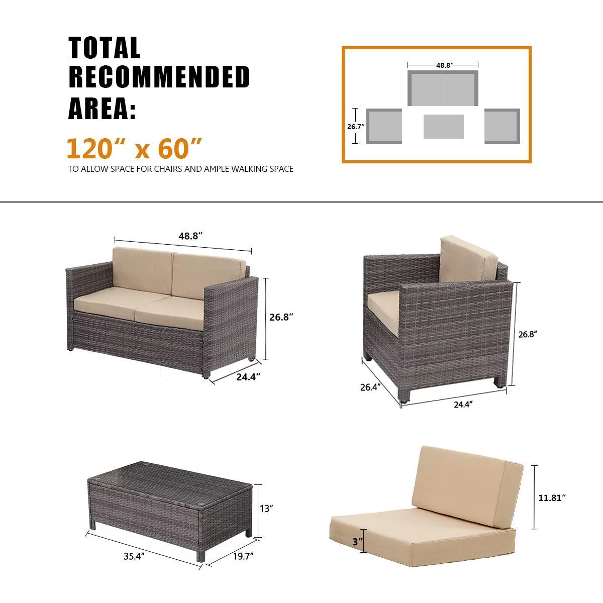 Superjoe Outdoor Patio Furniture Set 5 Pcs Conversation Set Wicker Sectional Sofa Steel Frame Chair and Table Gray Rattan Beige Cushions