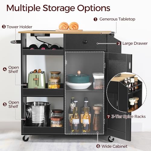 Kitchen Island with Power Outlet, Kitchen Storage Island with Drawer, Rolling Kitchen Cart on Wheels, Spice Rack, Towel Rack, Wine Rack